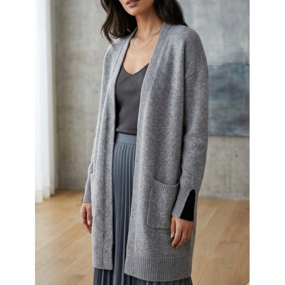 360 Cashmere Women's S 100% Cashmere Long Open Cardigan Gray Black Pockets